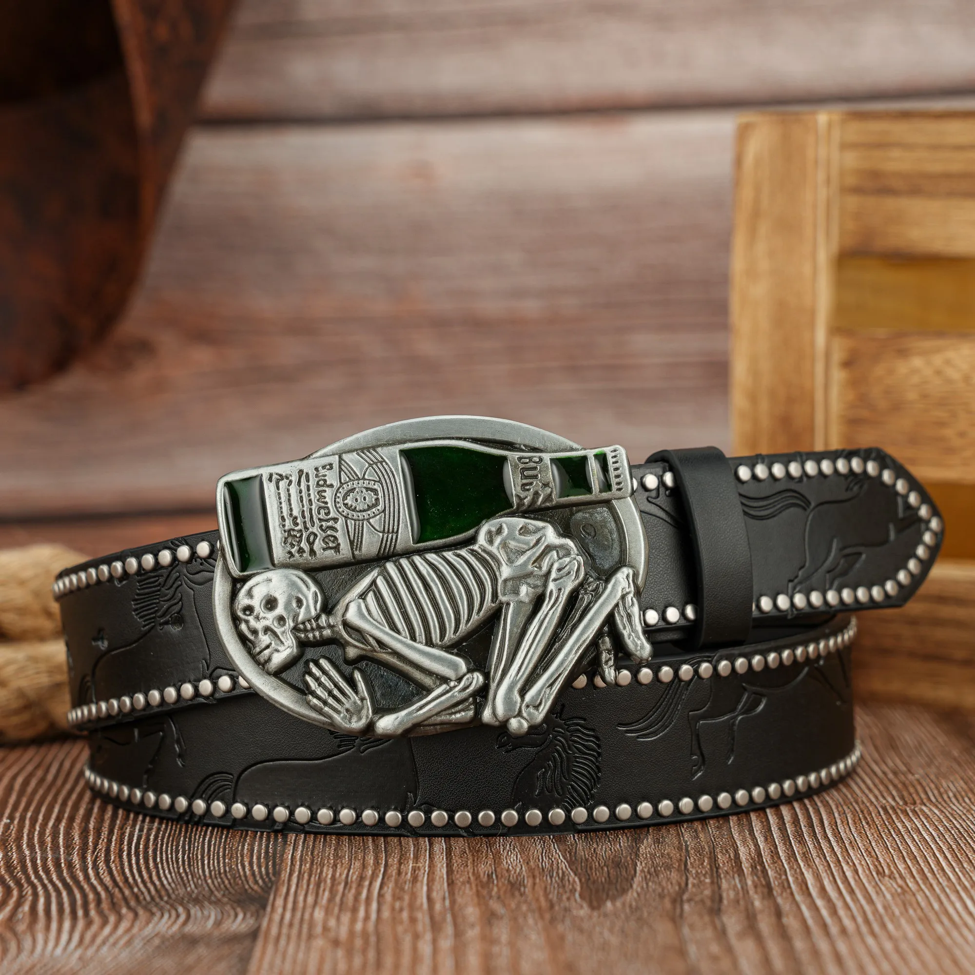 Wine bottle Skull buckle personality vintage steed PU embossed rivet belt