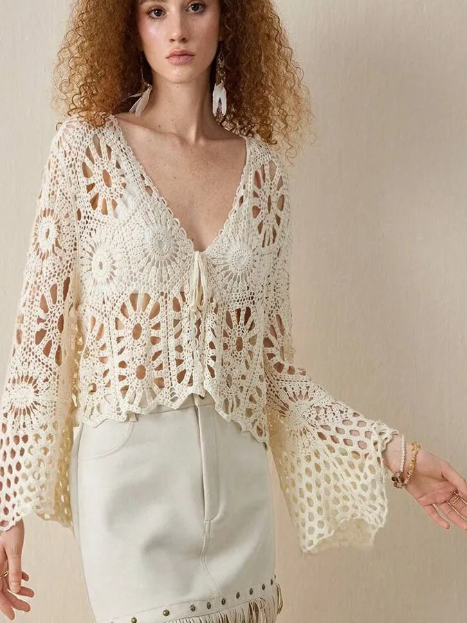 Primavera Verão Novo Top de Malha com Decote em V e Recortes Vazados, Manga Curta com Proteção Solar, Manga Longa Estilo Stre...