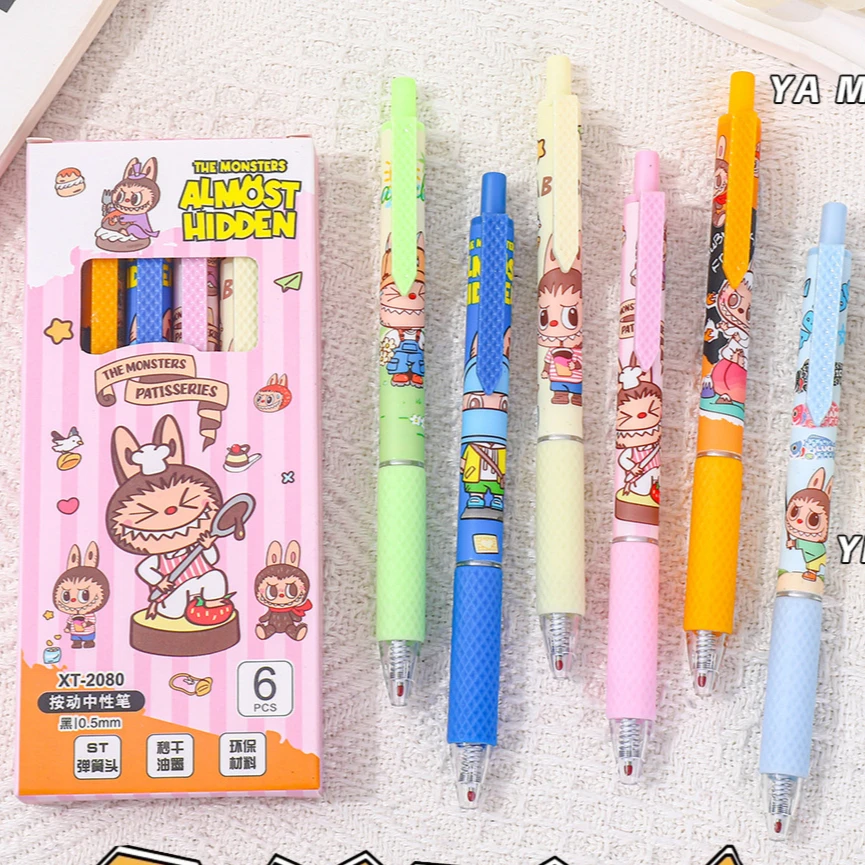 6 Pcs Labubu Neutral Pen High Aesthetic INS Style Cartoon Cute Carbon Black Pen Student Speed Drying Brush Test Pen Stationery