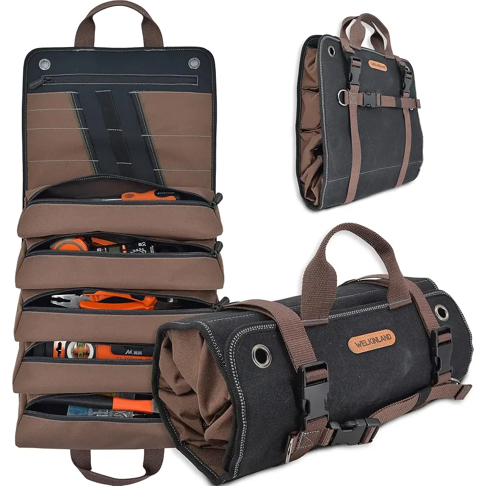 

Heavy-Duty Waxed Canvas Tool Organizer, 15-Pocket, 15L Acity, Roll-Up