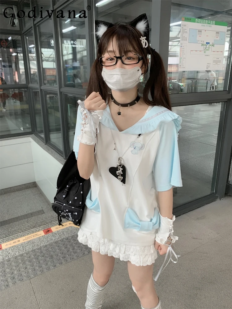 

Original Navy Collar Cute Printed Short-sleeved Tops Japanese Girl's Kawaii Loose Slim T-shirt Student Y2k Tees Summer 2025