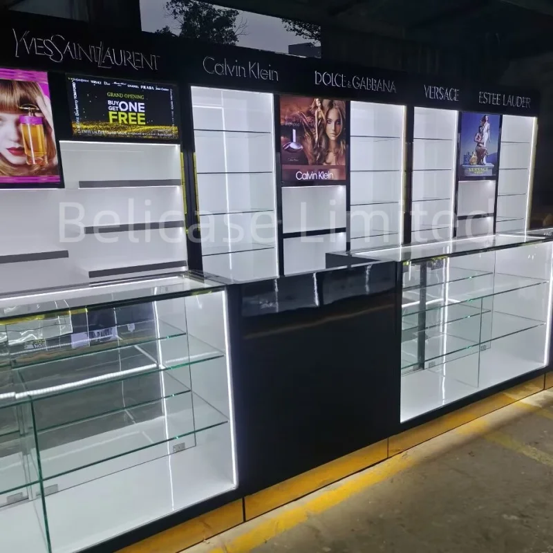 custom,Perfume Shop Glass Showcase Decoration Cosmetic Display Cabinet with Lighting Perfume Retail Store Interior Design