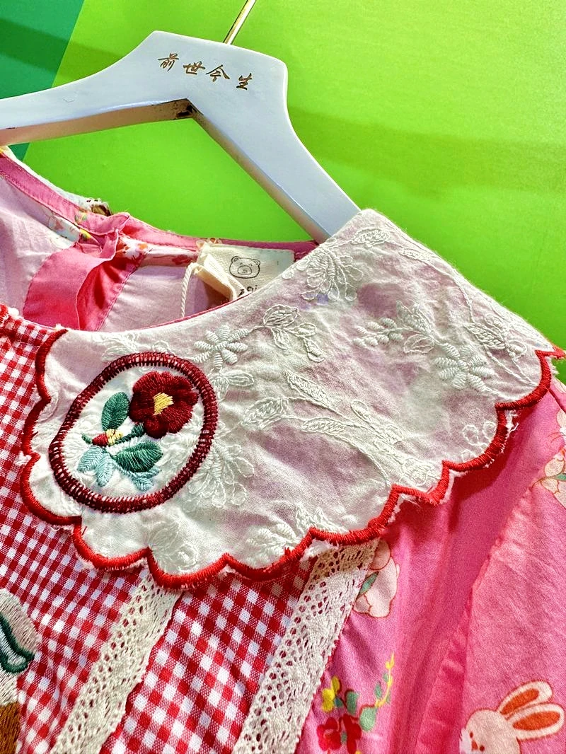 Katoen Zoet Kant Patchwork Plaid Zomer Borduren Lange Jurk voor Vrouwen Vintage Cottagecore Lolita Kawaii Mori Girl Midi Jurk