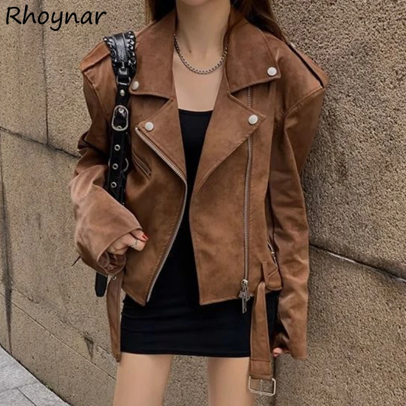 Vintage Brown PU Jackets Women Cool Biker Streetwear Zip-up Outerwear Cropped Fashion Korean Style Female Autumn Y2k Versatile