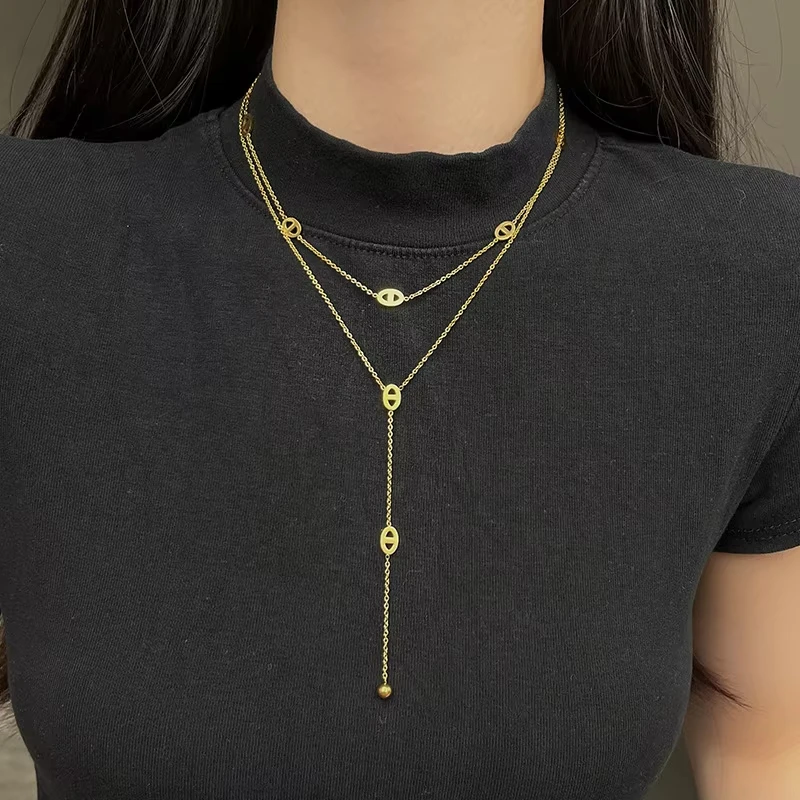 

Fashion Double Layer Pig Nose Long Necklace Elegant Gold Silver Tassel Lariat Necklace Daily Wear