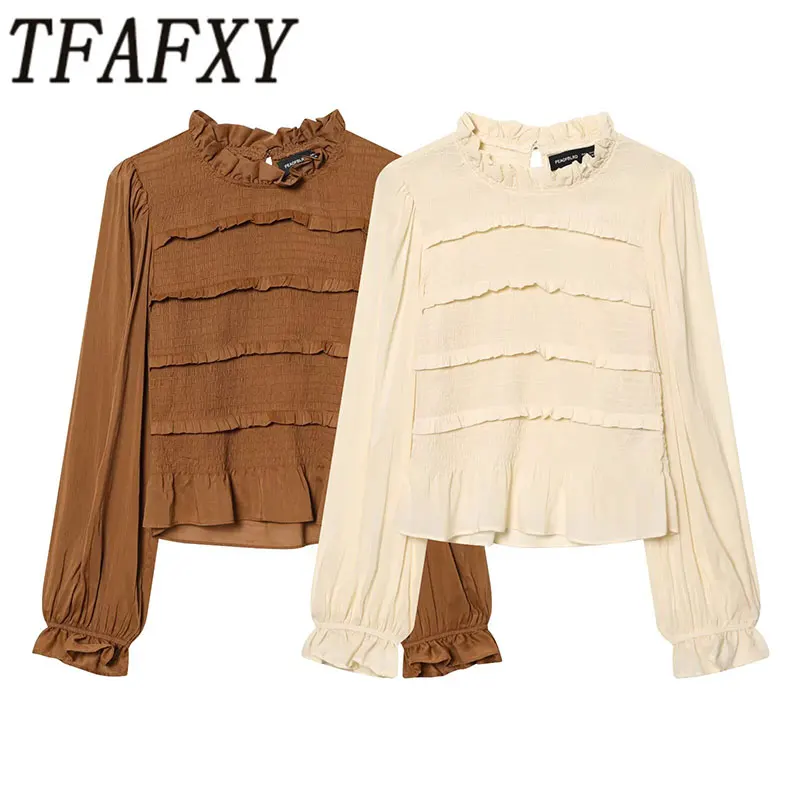 TFAFXY 2026 Frühling Vintage Chic Hemden Damen Langarm-Blusen Geraffte Modische Lässige Elegante Damen-Oberteile