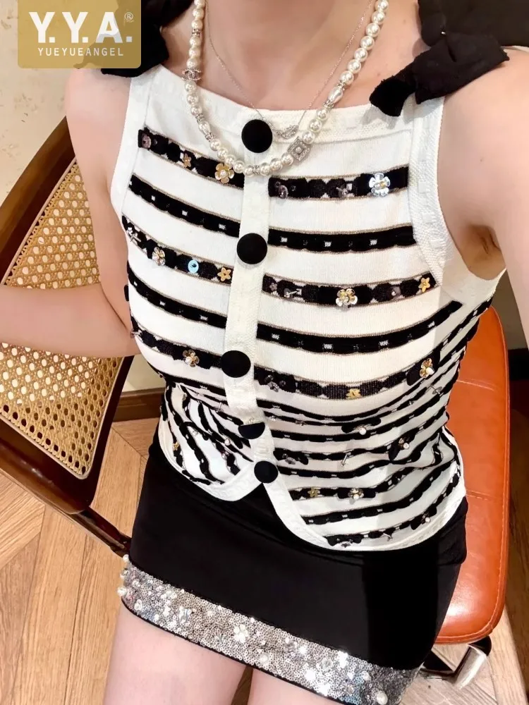 

Sweet Women Striped Bowknot Straps Vest Single Breasted Sequined Summer Casual Slim Fit Fashion Design Knitted Waistcoat Tops