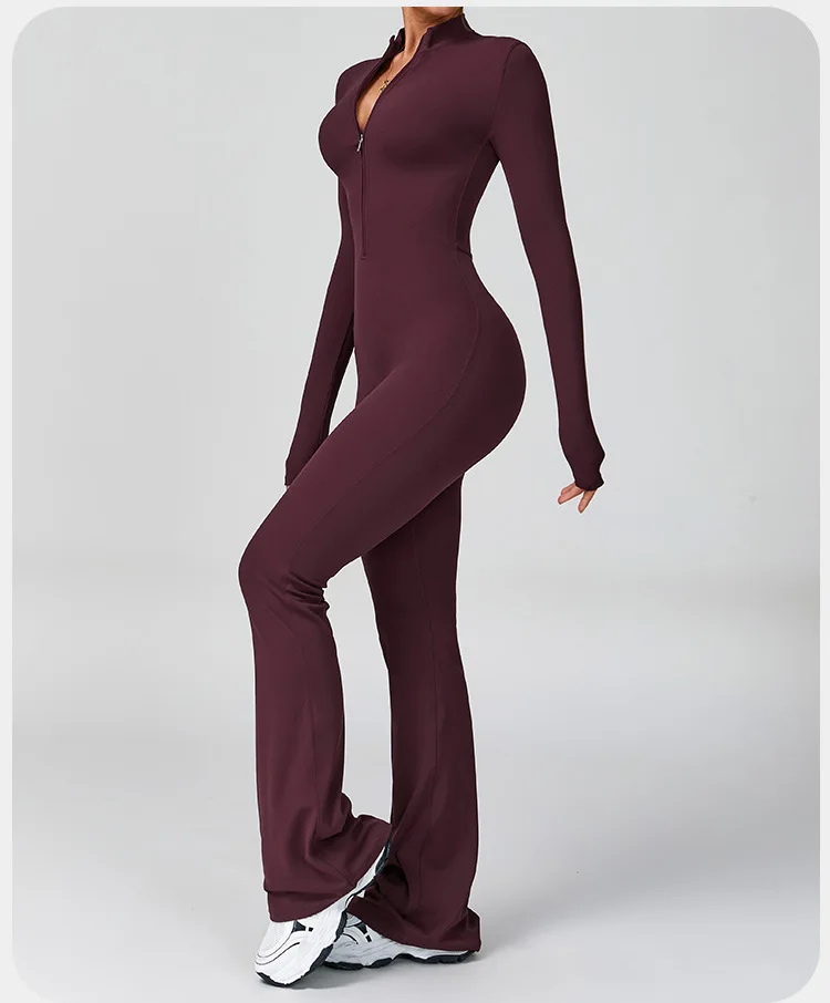 Women's Half-Zip Flared Jumpsuit - Stand Collar Long Sleeve Sculpting Yoga Bodysuit, Multiple Colors, S-XL