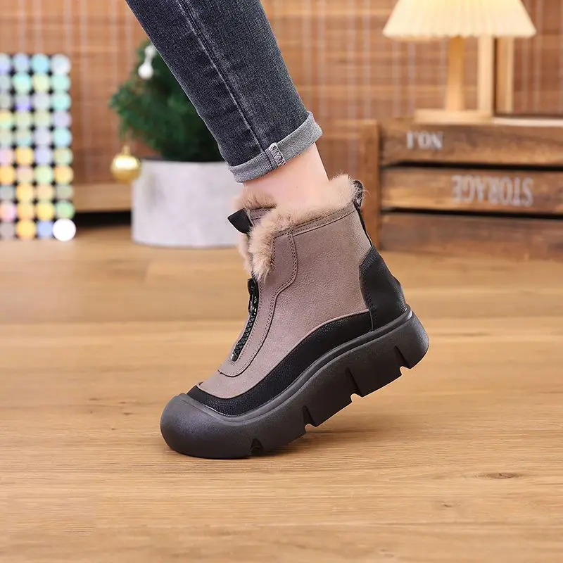 Trendy Color Blocked Short Boots 2024 Winter New Round Head Flat Bottom Casual Warm Short Tube Thick Bottom Women\'s Cotton Boots