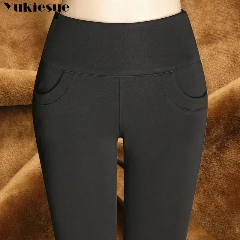 Mallas cálidas de terciopelo grueso para mujer, pantalones elásticos de cintura alta, ajustados e informales, novedad, Otoño e Invierno
