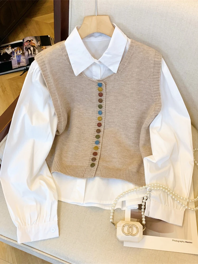 Autumn Korean Fashion Knitted Vest Women+Shirt Layering Versatile Top Women Retro Rainbow Button Round Neck Shirt Two-Piece Set