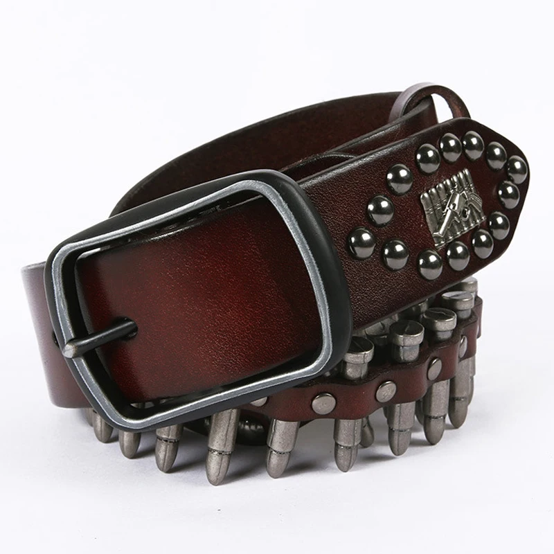 Original Pure Handmade Men's Belt Hip Hop Rock Style Genuine Leather Pin Buckle Bullet Model Waistband Punk Trend Gothic Belt