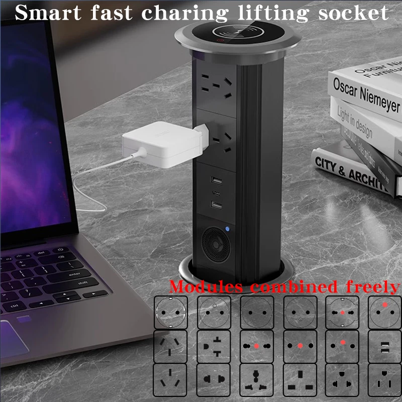 

Motorized Pop Up Desk Socket With Bluetooth Speaker Wireless Charger USB Type-C EU FR UK US Universal Standard Plug