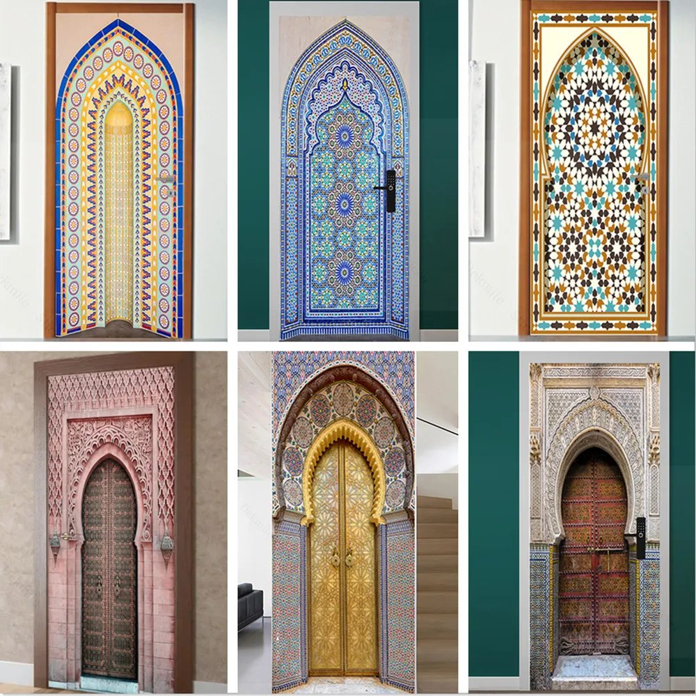 White 3D Self-adhesive Door Sticker Art Arch Refurbish Poster Muslim Mosque of Mecca Cabinet Wall Stickers Custom Mural For Home