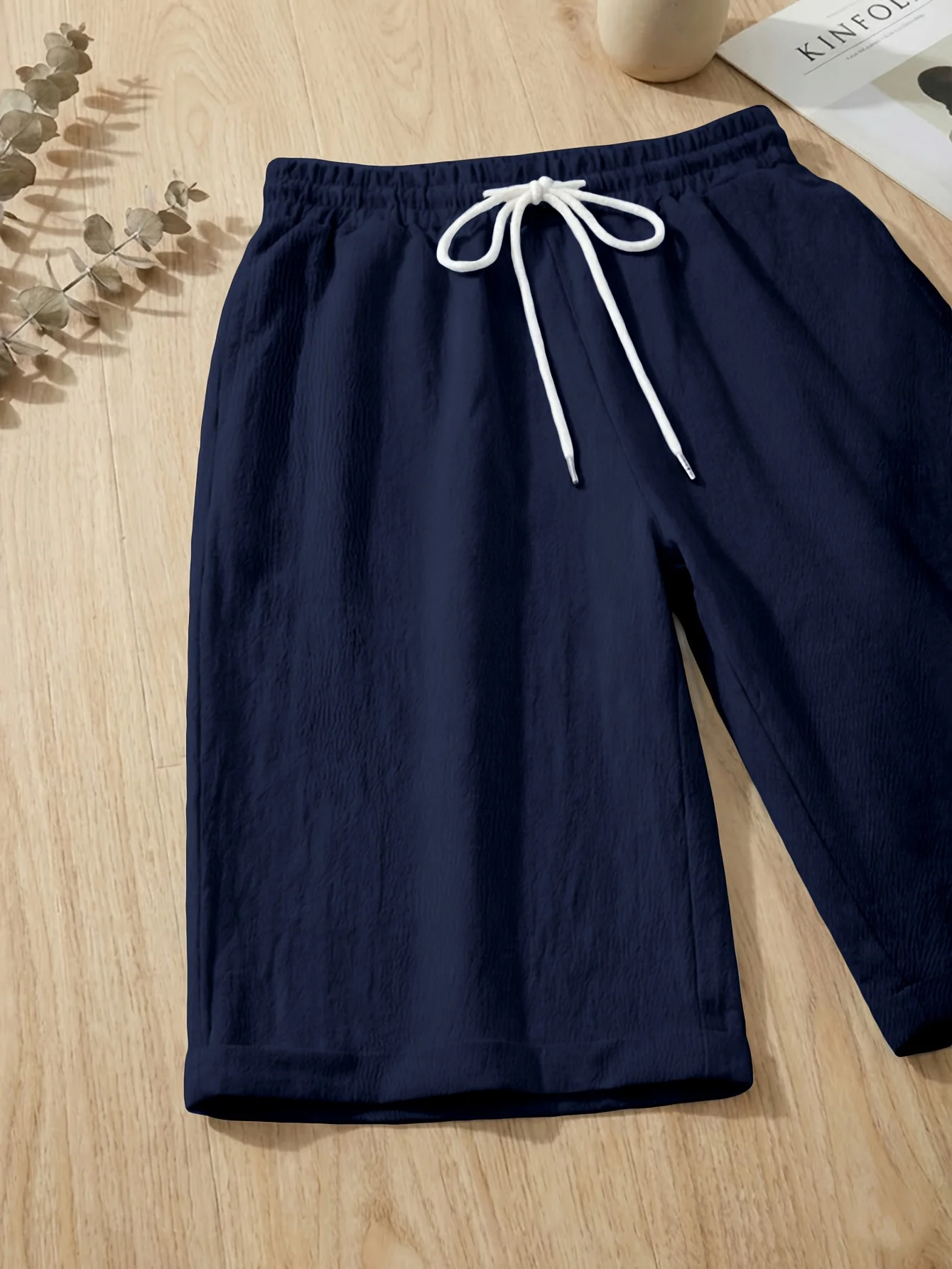 Solid Color Wide Leg Five Quarter Pants, Comfortable and Loose, High Waisted Drawstring Shorts for Summer