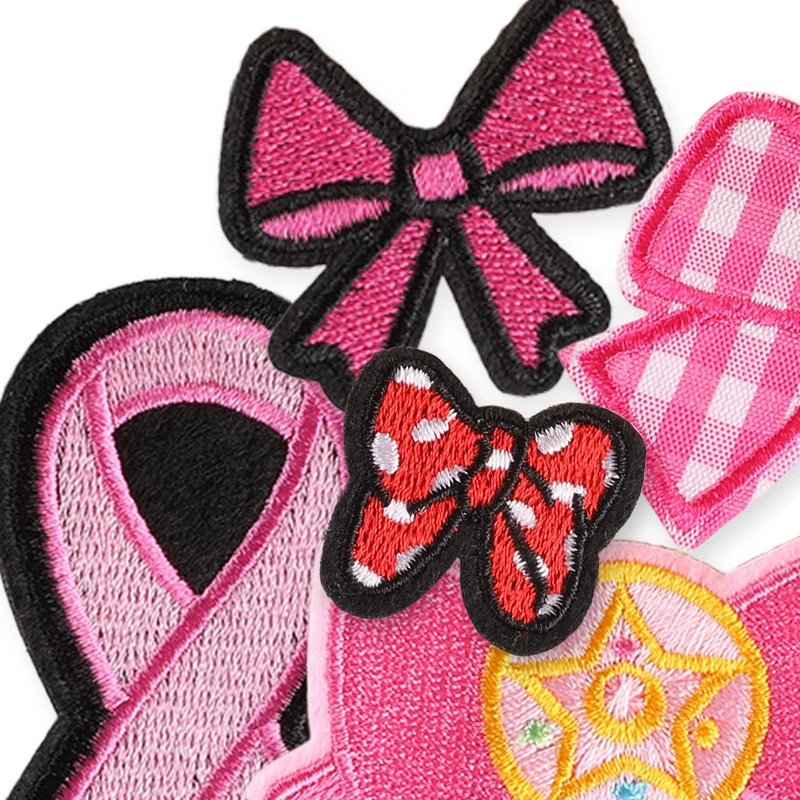 7 Stück Schleifen-Patches in Rosa und Rot, niedliche Aufbügelpatches für Kleidung, bestickte thermoadhäsive Aufkleber für Mädchen, zum Aufnähen auf Jacken, Stoffe, DIY – Detail 4