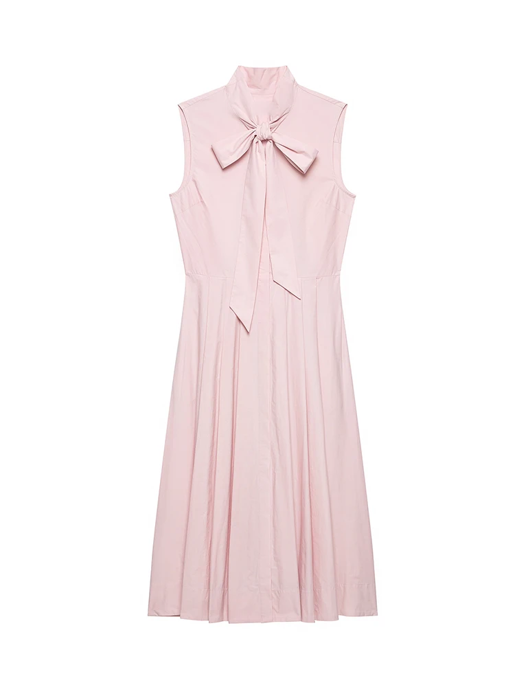 TFMLN Women's Chic Pink Midi Dresses Summer New Sleeveless Bow Lace-Up Long Dress Elegant Ladies Street Commuting Clothes - view 3