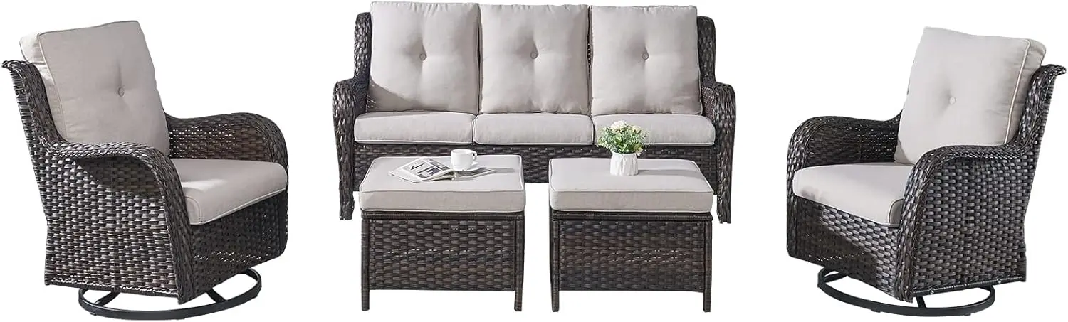 

Wicker Patio Furniture Set - 5 Piece Rattan Outdoor Sectional Conversation Sets with 2 Rocking Swivel Chairs,2 Ottomans，1 Sofa