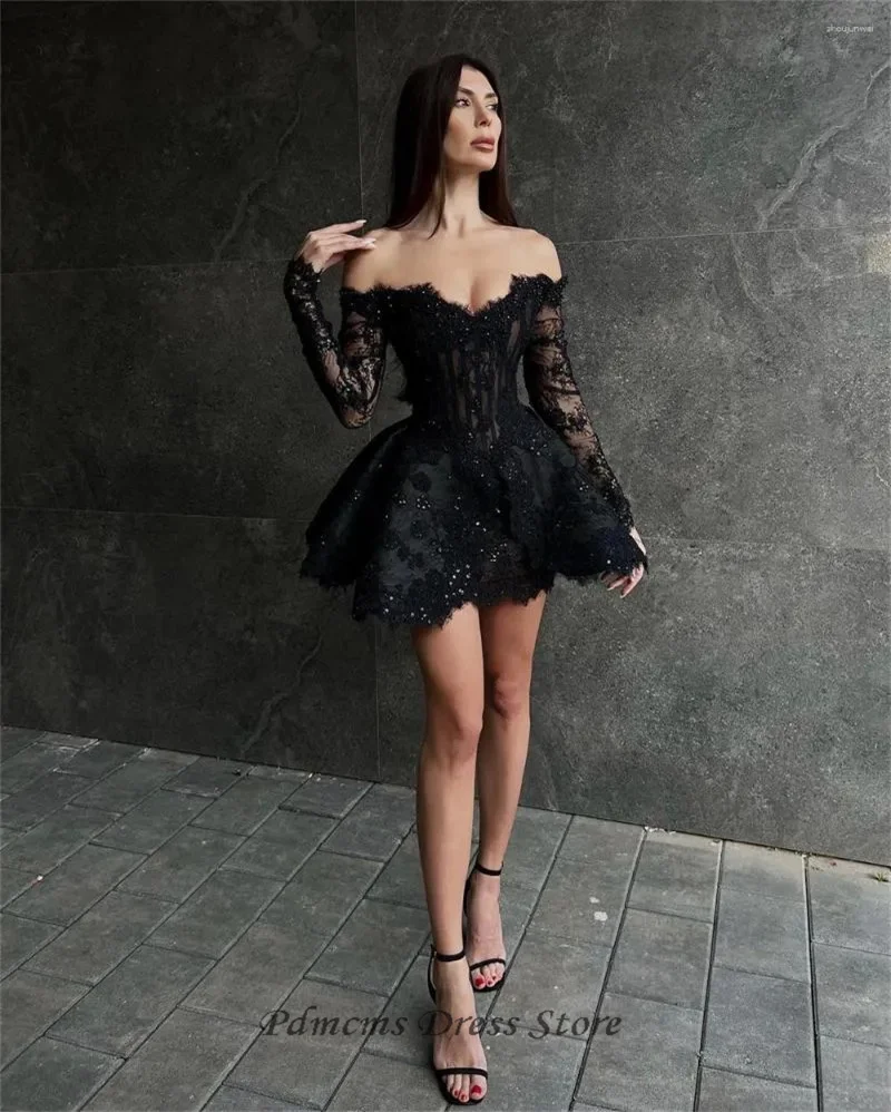 SSYTENS Black Lace Sexy Short Party Dresses Off Shoulder Customized Corset Long Sleeves Prom Event Dress Mini Cocktail Gown