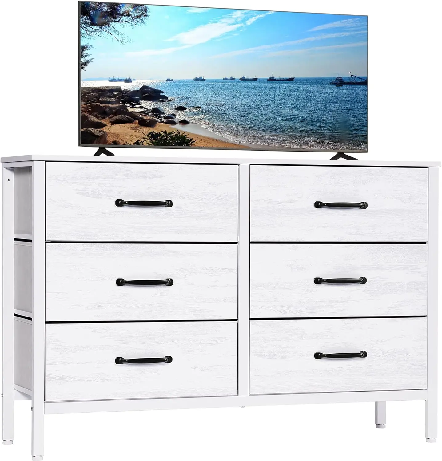 White Dresser with 6 Drawers, Wide Dresser for Bedroom and 50 Inch TV, with Metal Frame, Wood Top, Fabric Drawer Dresser