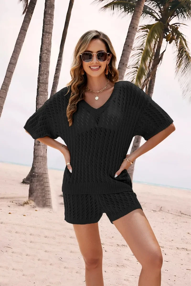 2024 Summer Hot Two Piece Solid Color Mesh Knitted Top High Waist Shorts Casual Women\'s Wear SFC25-3