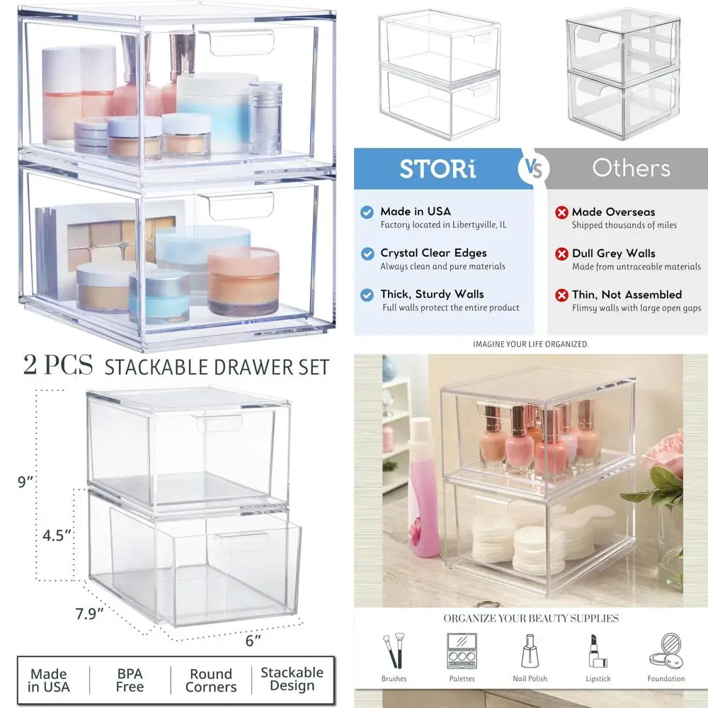 2-Pack Clear Plastic Stackable Drawer Organizers for Vanity - Ideal for Cosmetics and Beauty Essentials