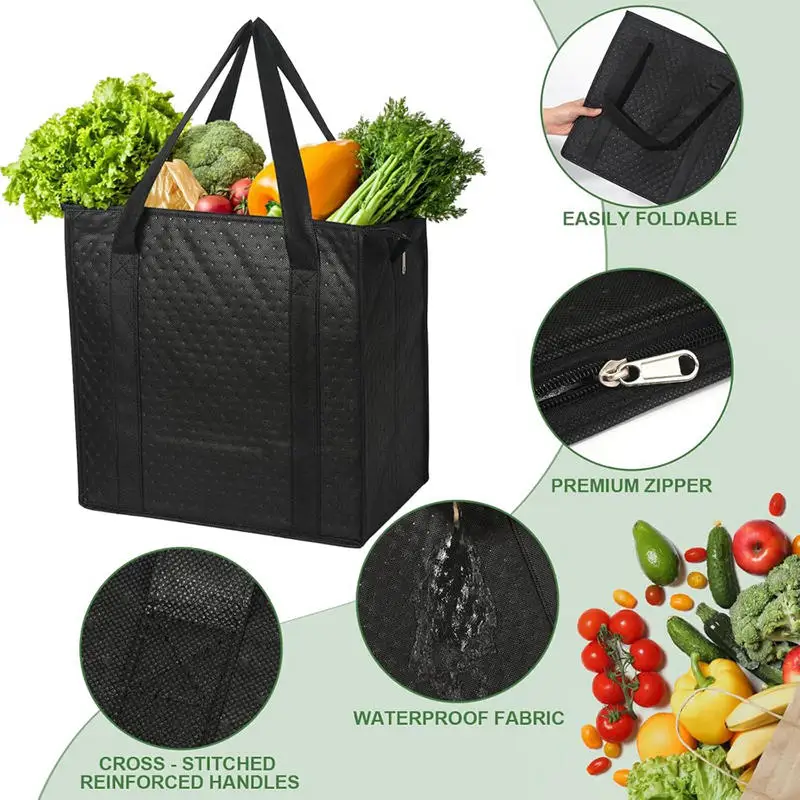 Bolsa de comestibles reutilizable con aislamiento grande con cremallera y bolsillo frontal, mantiene fresco/caldo durante horas para acampar, picnic, pesca, compras