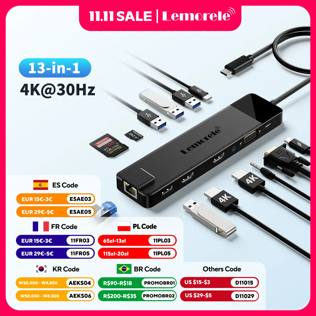 

Lemorele USB-C Hub 13-in-1 Gigabit Docking Station VGA USB Type C Hub 4K30Hz HDMI-compatible USB 3.0 Adapter RJ45 PD100W