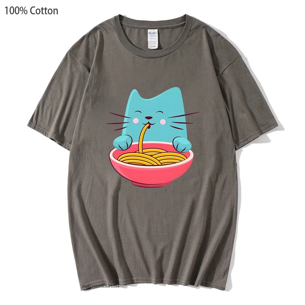 

Cat Eating Spaghetti T-Shirts Aesthetic Men Tees Fashion Animal Tshirt 100% Cotton Korean Style Streetwear Women Summer Shirts