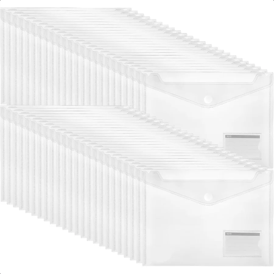 

48 Pack Plastic Envelope File Folders Transparent Folders for Documents A4 Letter Size with Label Pocket for School Home Work O