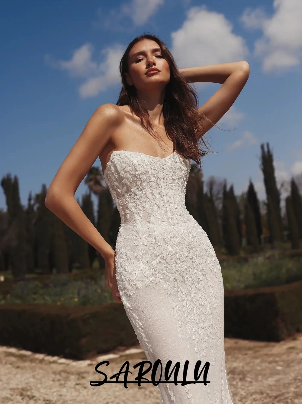 

2026 Luxury 3D Lace Mermaid Wedding Dress Strapless Sheer Back Bridal Gown Outdoor Vintage Customized Chapel Train Birde Wear
