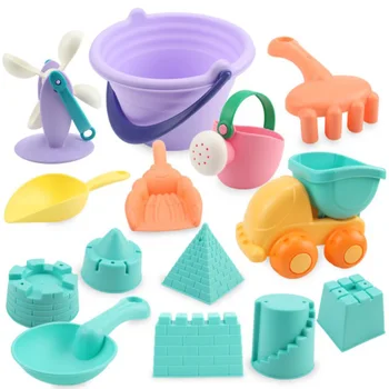 Soft silicone beach toys for kids sand set kit sea sand bucket rake hourglass water table play and fun shovel mold summer