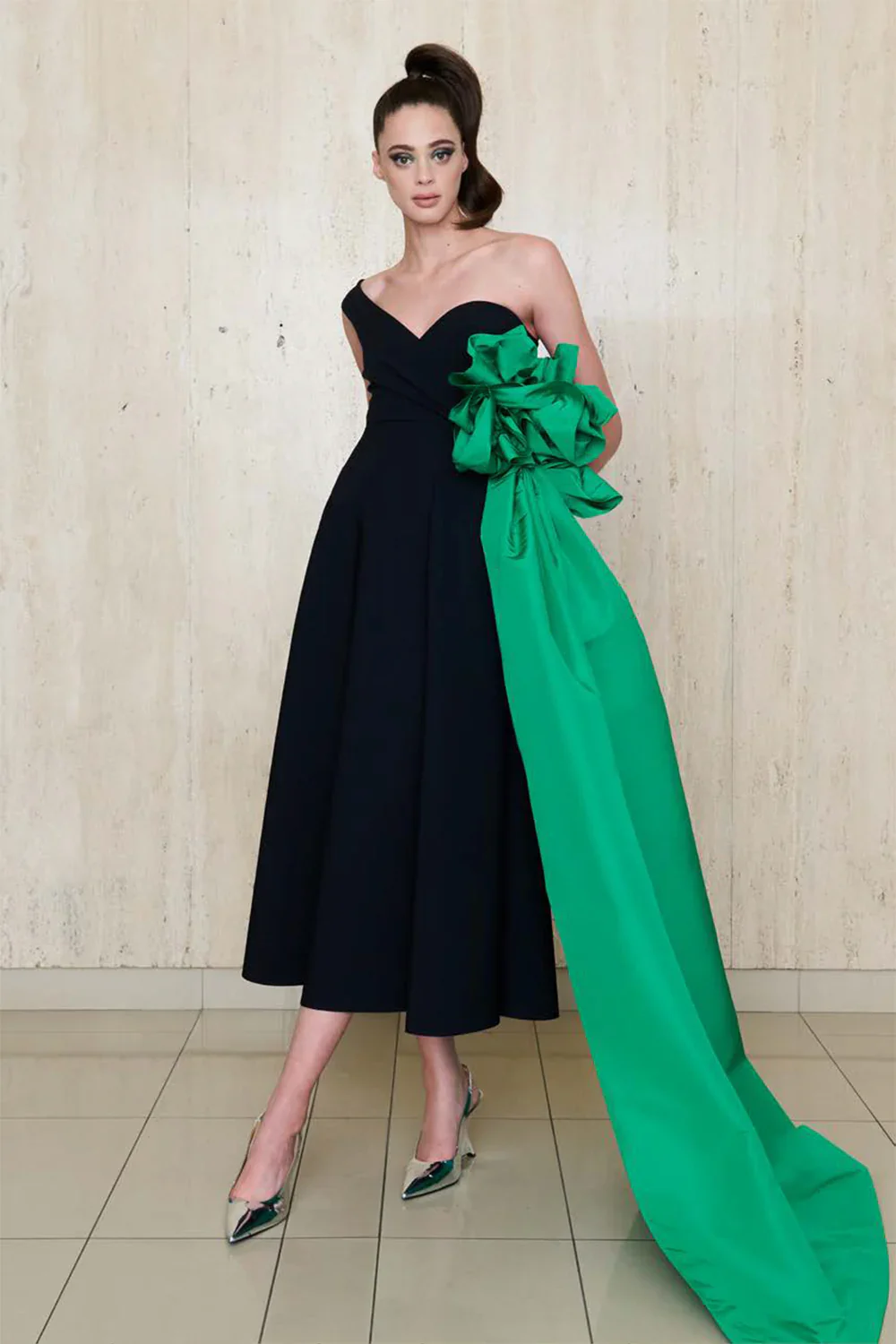 Elegant Black Ankle Length Women Dresses With Green Side Overlay One Shoulder A-line Female Party Dress