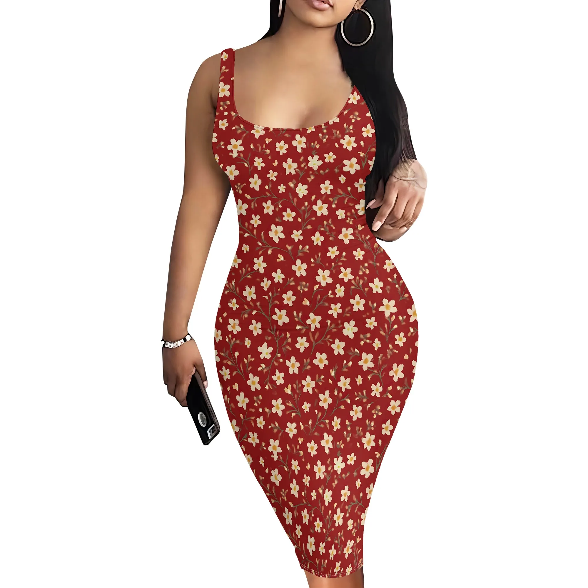 ผู้หญิงเซ็กซี่Bodycon Tankแขนกุดสแควร์คอMidiชุดปาร์ตี้คลับค็อกเทลชุด