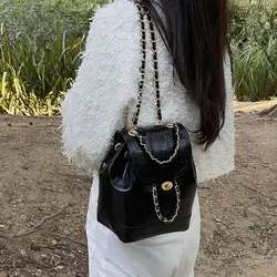 Women Korea autumn winter mini chains backpack female ins student oil wax leather shoulder bag travel bagpack black rucksack sac
