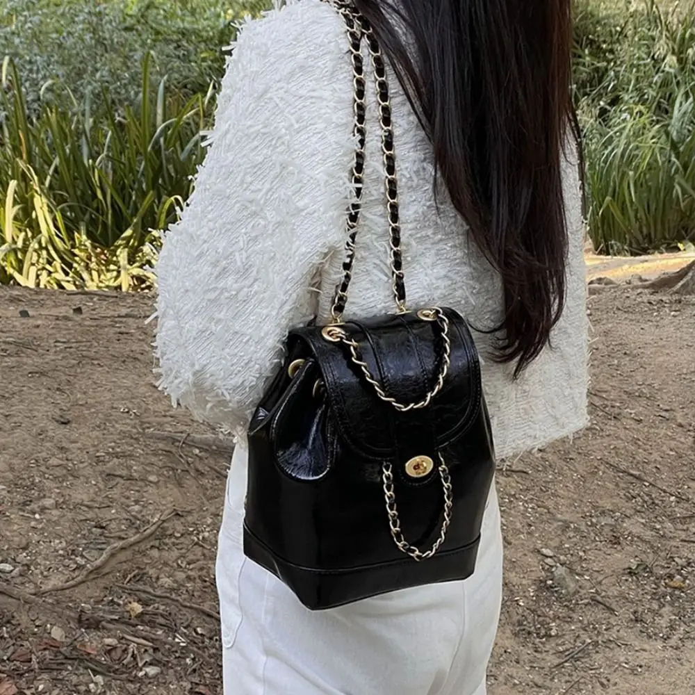 Women Korea autumn winter mini chains backpack female ins student oil wax leather shoulder bag travel bagpack black rucksack sac