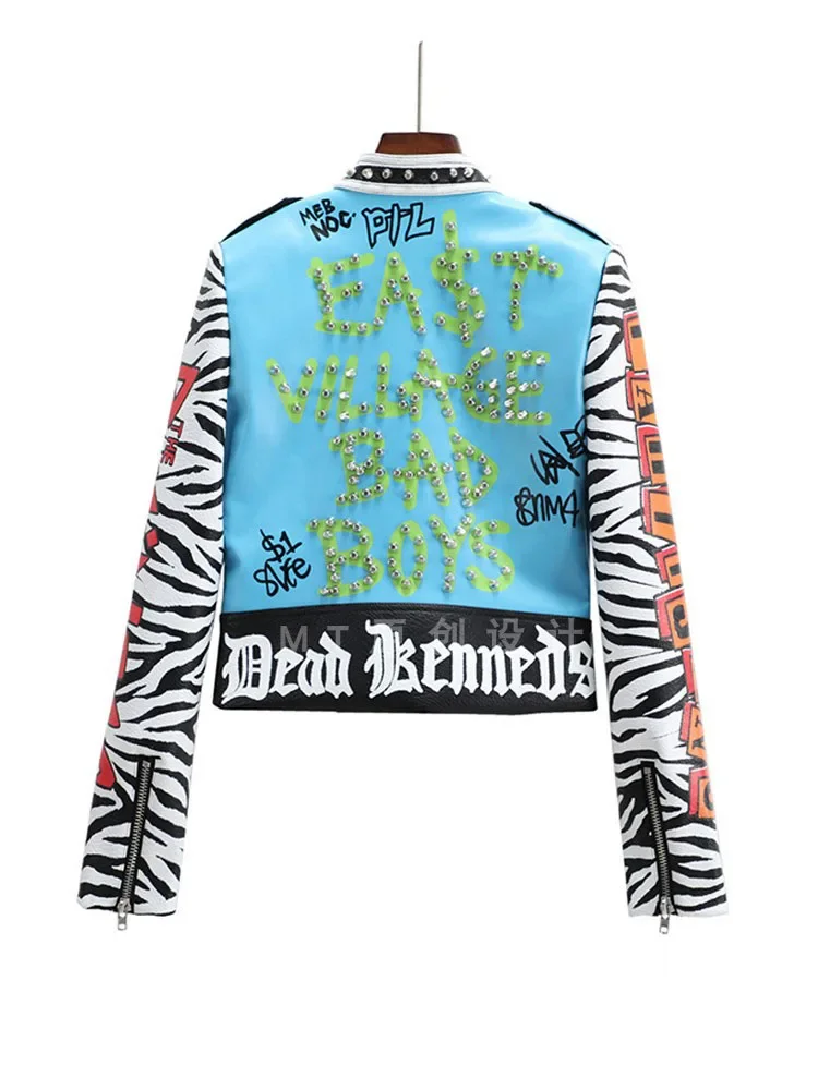 Chaqueta de cuero recortada con remaches Punk para mujer, ropa de calle con Graffiti, abrigos coloridos de locomotora Rock, prendas de vestir