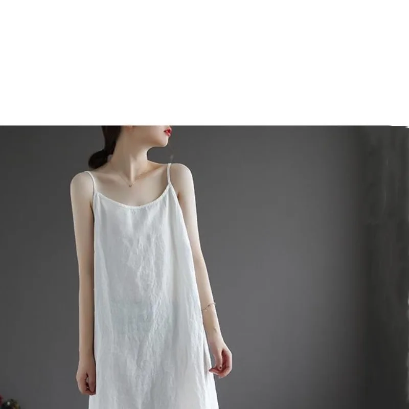 Summer Women\'s Clothing New Suspender Cotton Linen Solid Color Loose Breathable Covers the Belly Slim A-line Length Dresses