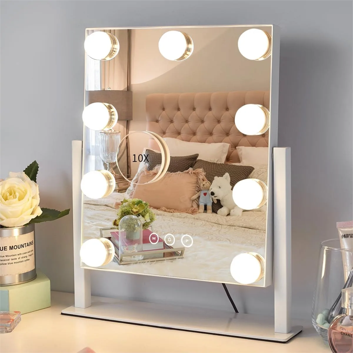 

Vanity Mirror with Lights, 9 Dimmable Bulbs, 3 Color Modes, Detachable 10x Magnification, 360° Rotation for Dressing Room &