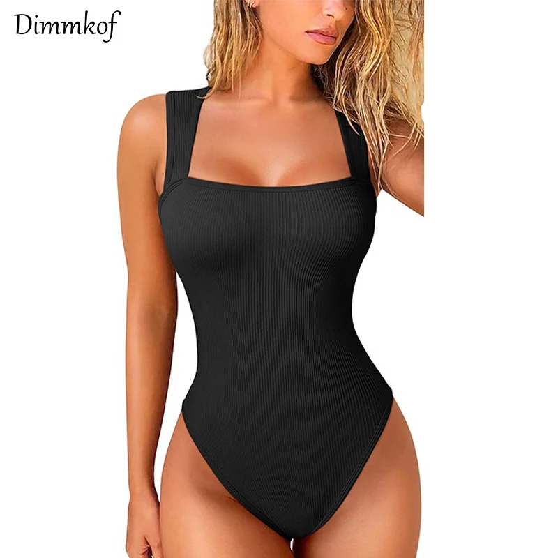 

Dimmkof Ribbed Square Neck Strappy Bodysuits Flattering Sleeveless Wide Set Straps Women's Sexy Basic Stretch Tank Top Bodysuits