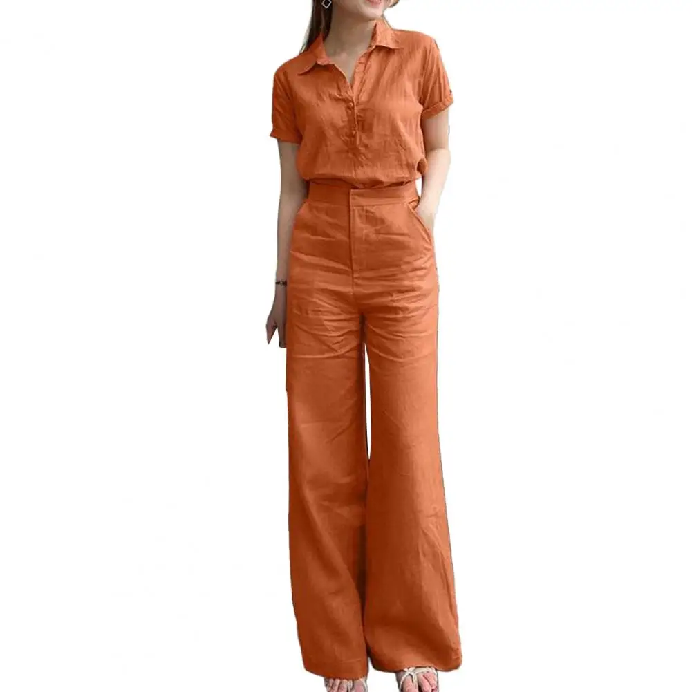 Women Two-piece Suit Women\'s 2-piece Suit Set with Lapel Shirt Short Sleeve Wide Leg Pants Solid Color High Waist for Ladies