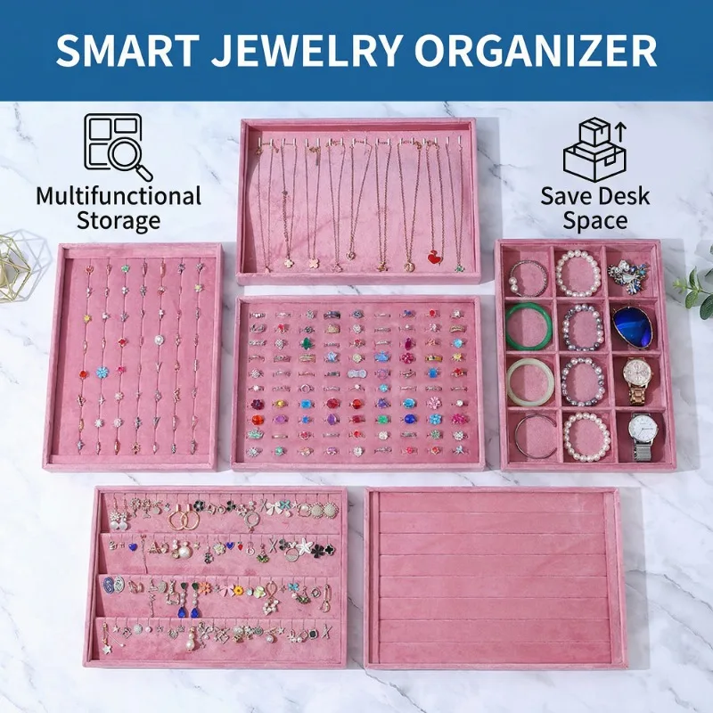 1 Pcs Pink Velvet Jewelry Organizer Ring Pendant Earring Holder Necklace Bracelet Tray Jewelry Store Window Display Stand