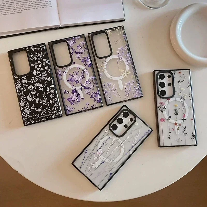 

Museum Flower Magnetic Acrylic Black Border Case for Samsung Galaxy S25 S24 S23 Ultra S25U Protective Shell