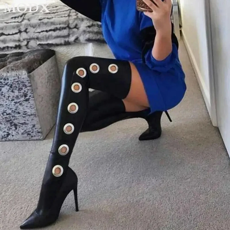 

Fashion Black Leather Long Thigh Boots Winter Wome's New Pointed Toe Stiletto Hollow Designer Over The Knee Crotch Boots Botas