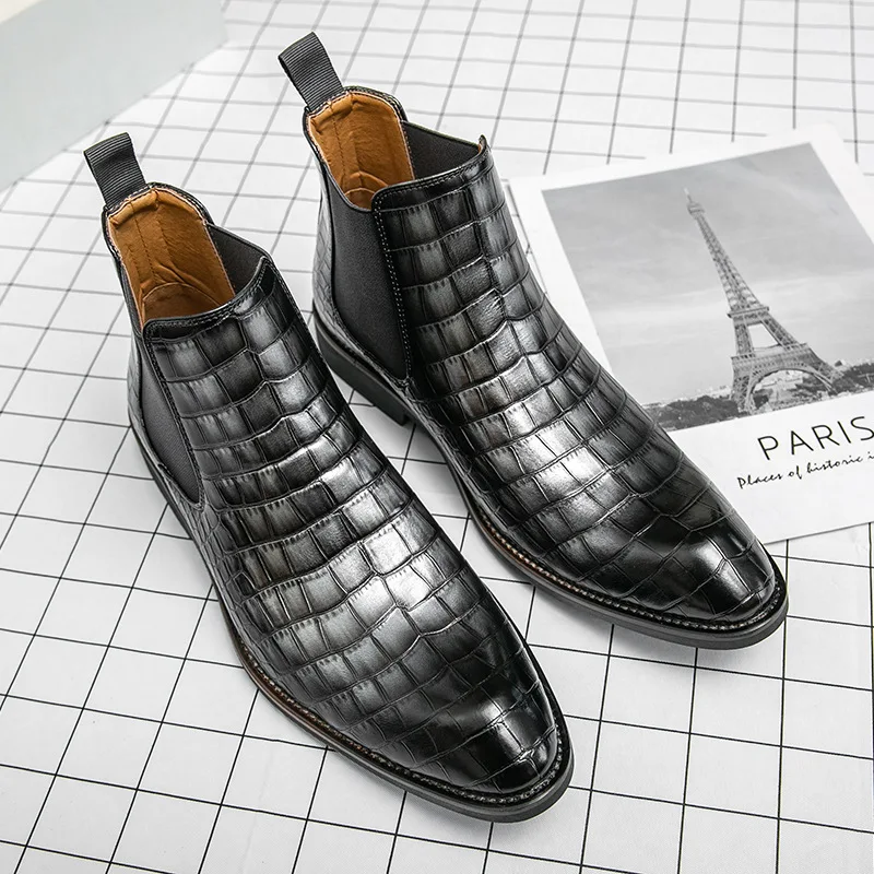 Botas Chelsea de lujo con clase para hombre, zapatos de cuero informales con punta sin cordones en el tobillo, zapatos Retro para fiesta y boda, botines para hombre