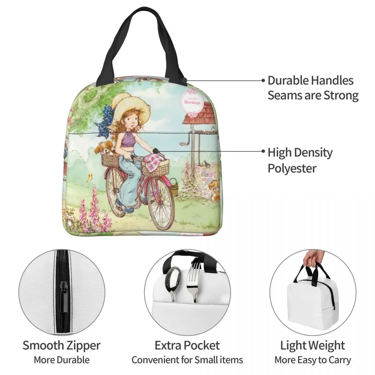 Cute Sarah Kay Girl Bike Ride Lunch Boxes Accessories Cartoon Village Life Thermal Cold Food Picnic Travel  Bag Insulated