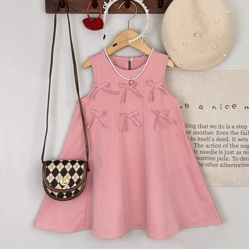 

Pink Sleeveless Princess Dress Summer Solid Color Bow Decoration Girls Dress Korean Version Fashionable New Casual Kids Clothes