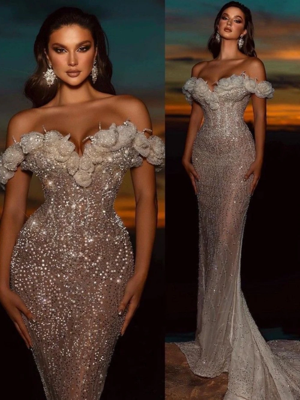 Stunning Mermaid Evening Dress Luxury Beaded Prom Pearls Bride Robe Illusion Customized Cocktail Dresses Vestidos De Novia