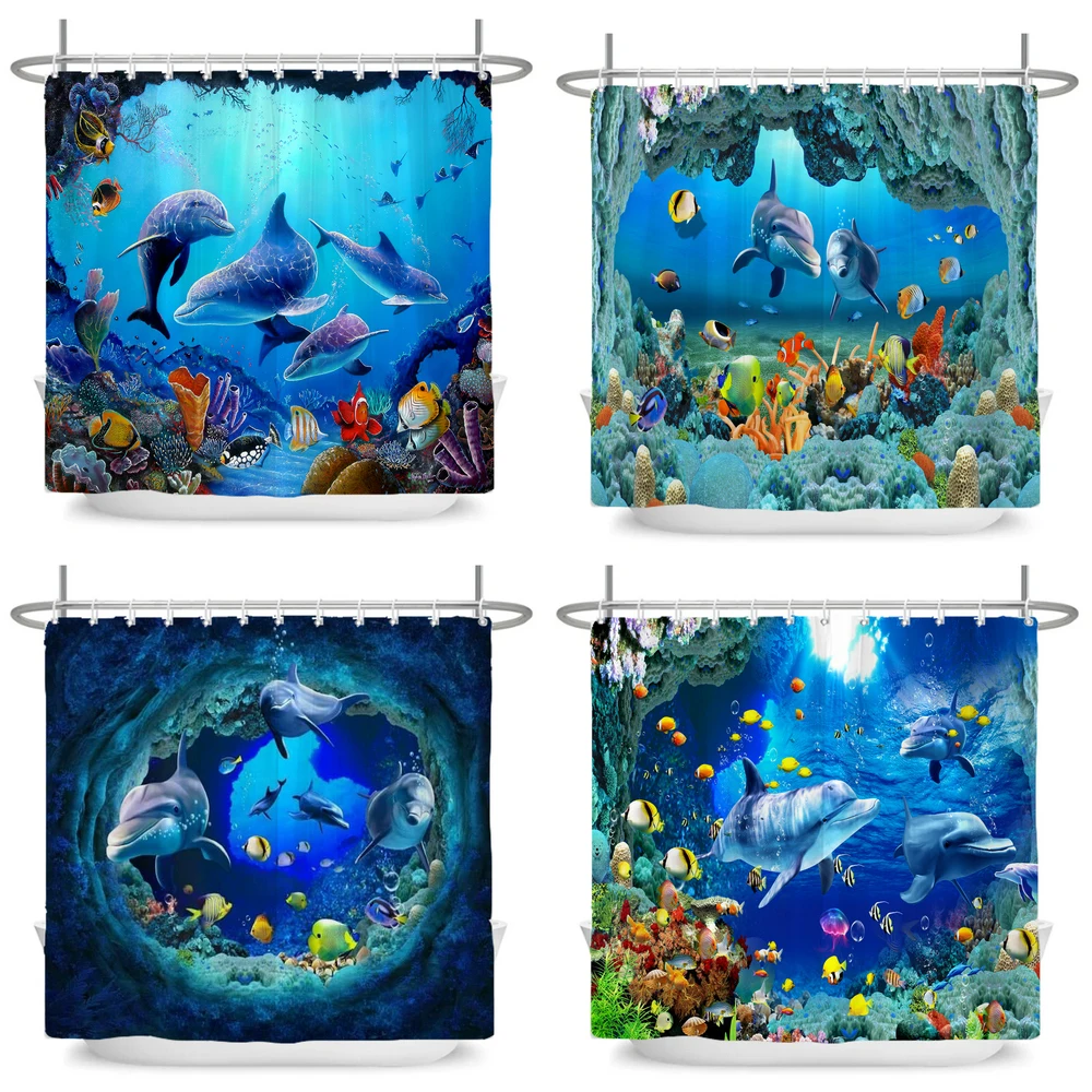 

Dolphin Shower Curtain, Blue Underwater World Marine Life , Polyester Fabric Kids Ocean Theme Decor Bathroom Curtain with Hooks