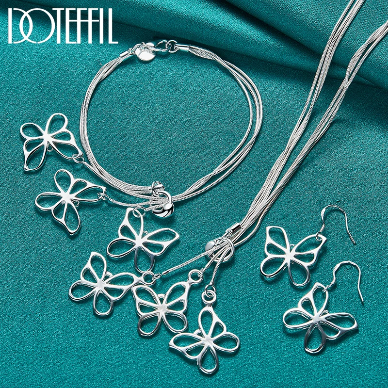 

DOTEFFIL 3pcs 925 Sterling Silver Three Butterfly Earring Necklace Bracelet Set For Woman Wedding Charm Jewelry